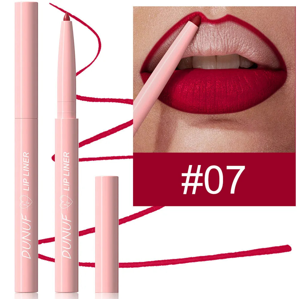 A Velvet Matte Lip Liner pencil shown alongside swatches of its twelve available colour shades.