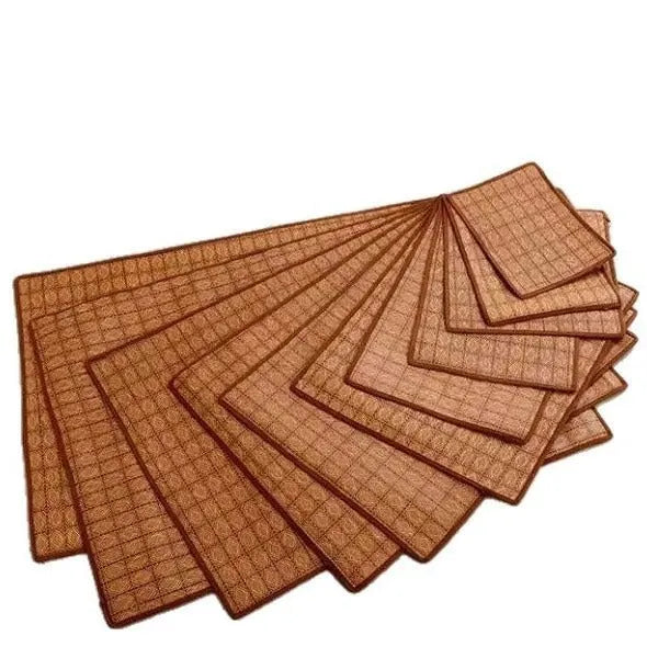 Brown rattan fibre cooling mat for dogs on a wooden floor