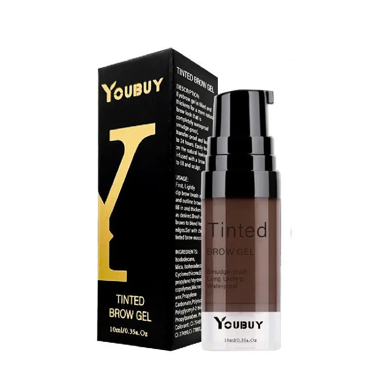 Waterproof brow cream tube in dark grey and golden yellow shades with applicator