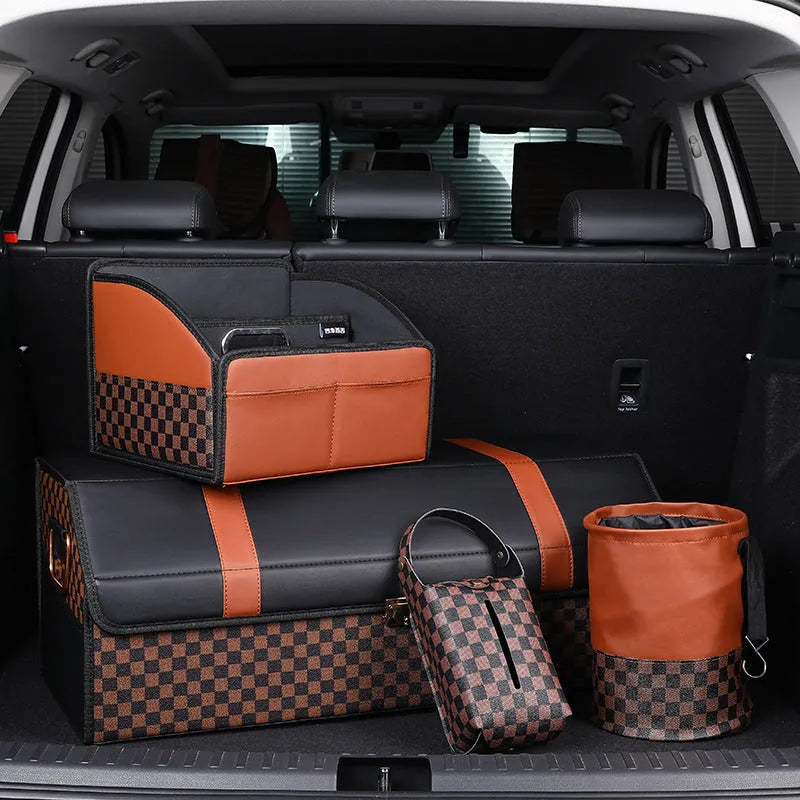 Leather retractable car interior trash can shown in folded and open states with carry handle.