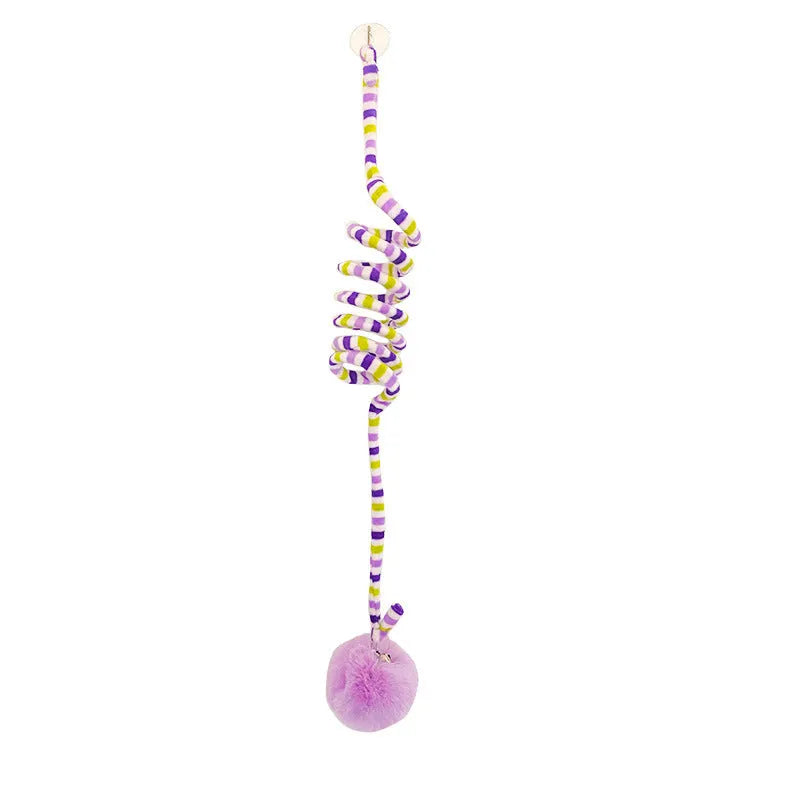 Hanging cat toy with inflatable ball on spring stick and suction cup base for kittens