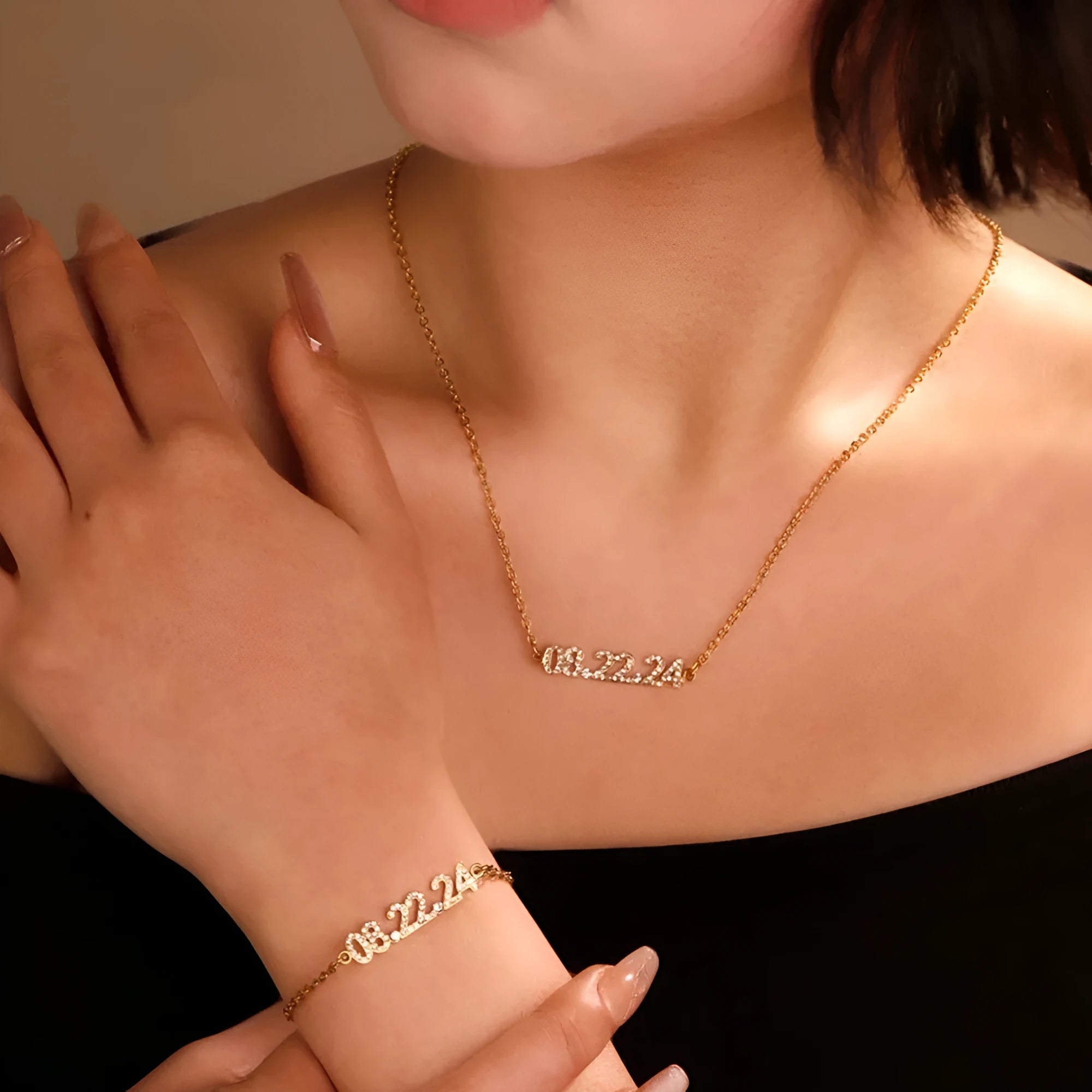 Stainless steel diamond studded digital bracelet or necklace in gold rose gold and steel color options