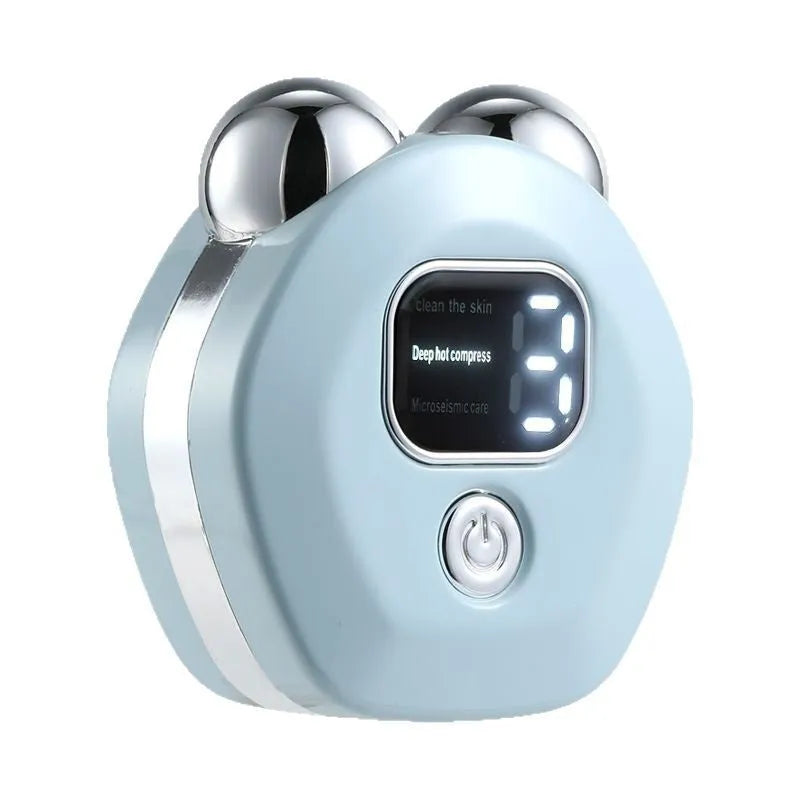 Portable white facial massage instrument with micro current and heated double-rollers on pink background