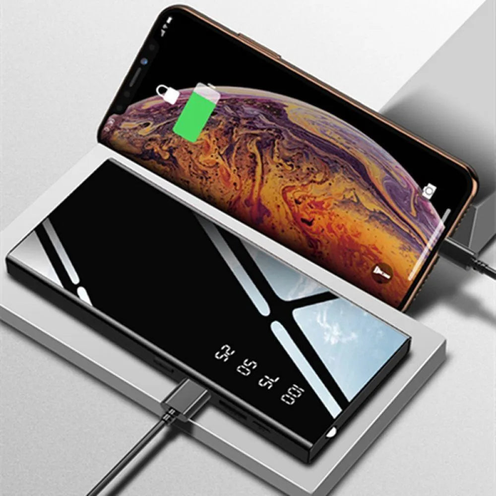 20000mAh power bank with LCD display and dual USB ports in black, red, or white
