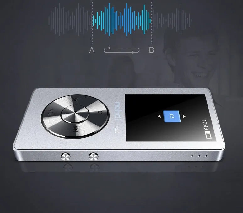 Gold all-metal MP3 music player with 1.8-inch screen showing music menu