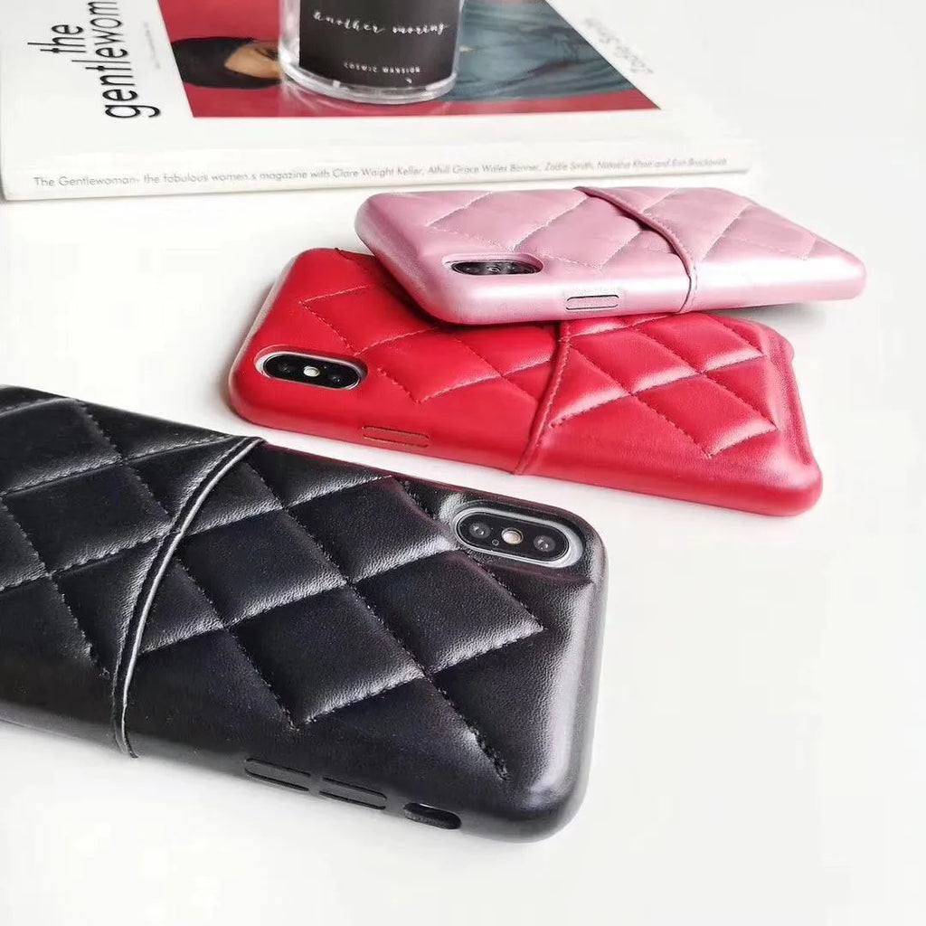 Genuine leather iPhone case in black, pink, or red, compatible with iPhone XS Max, XR, X, 8, and 6 models.