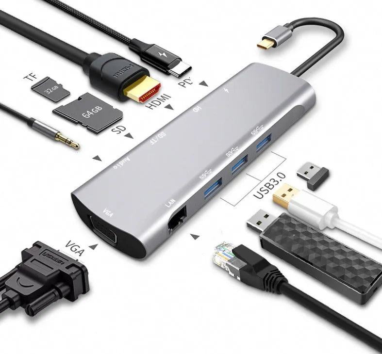 Grey aluminium alloy USBC docking station with HDMI, VGA, and USB ports