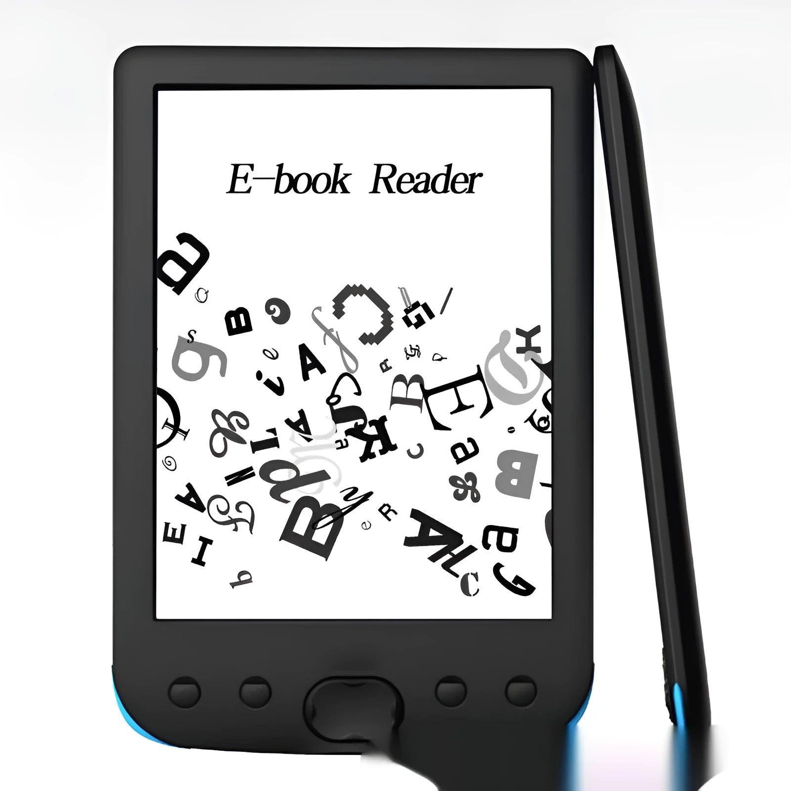 Black 6-inch E-ink screen e-book reader showing digital book display with multiple memory configuration options