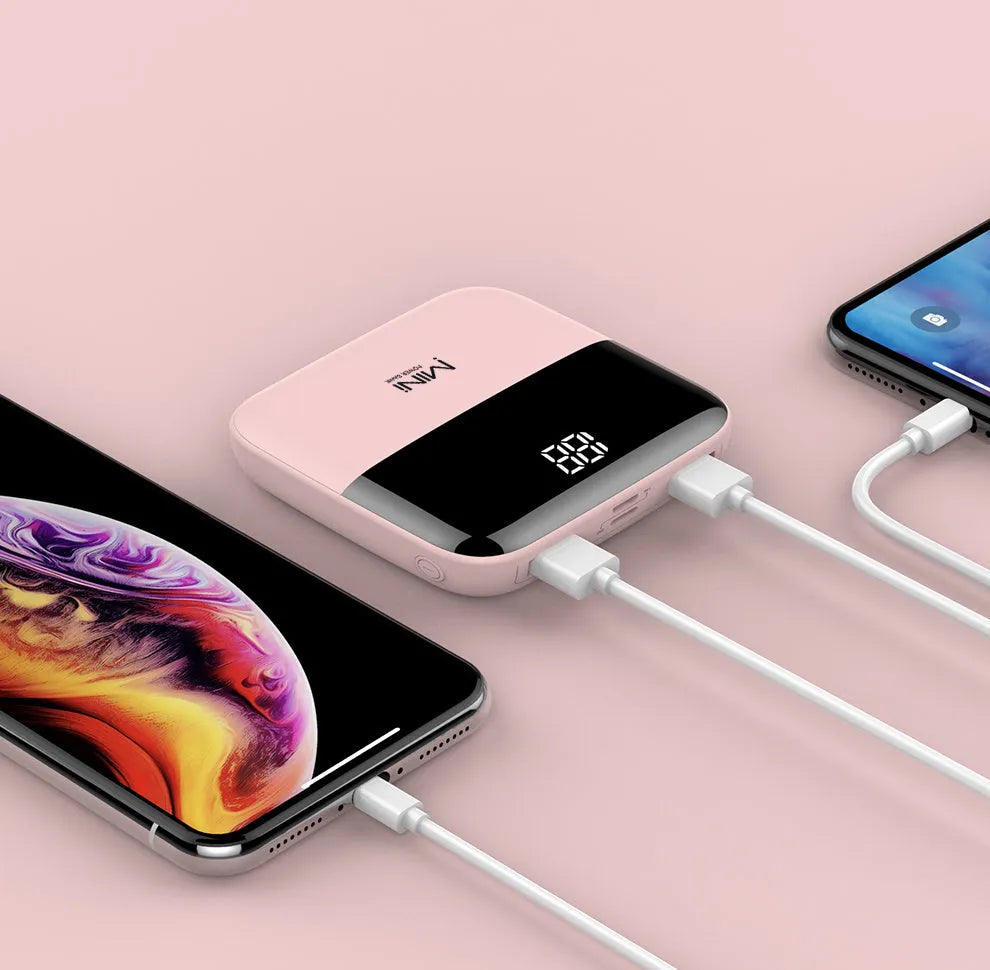 Android portable power bank with digital display showing battery percentage
