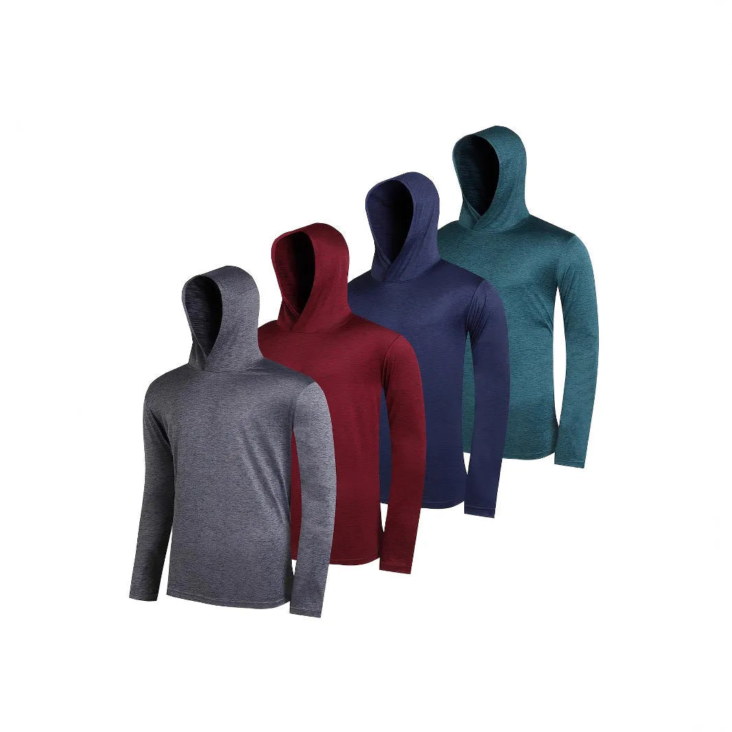 Four folded men's lightweight polyester hoodies from a multipack, shown in a solid colour.