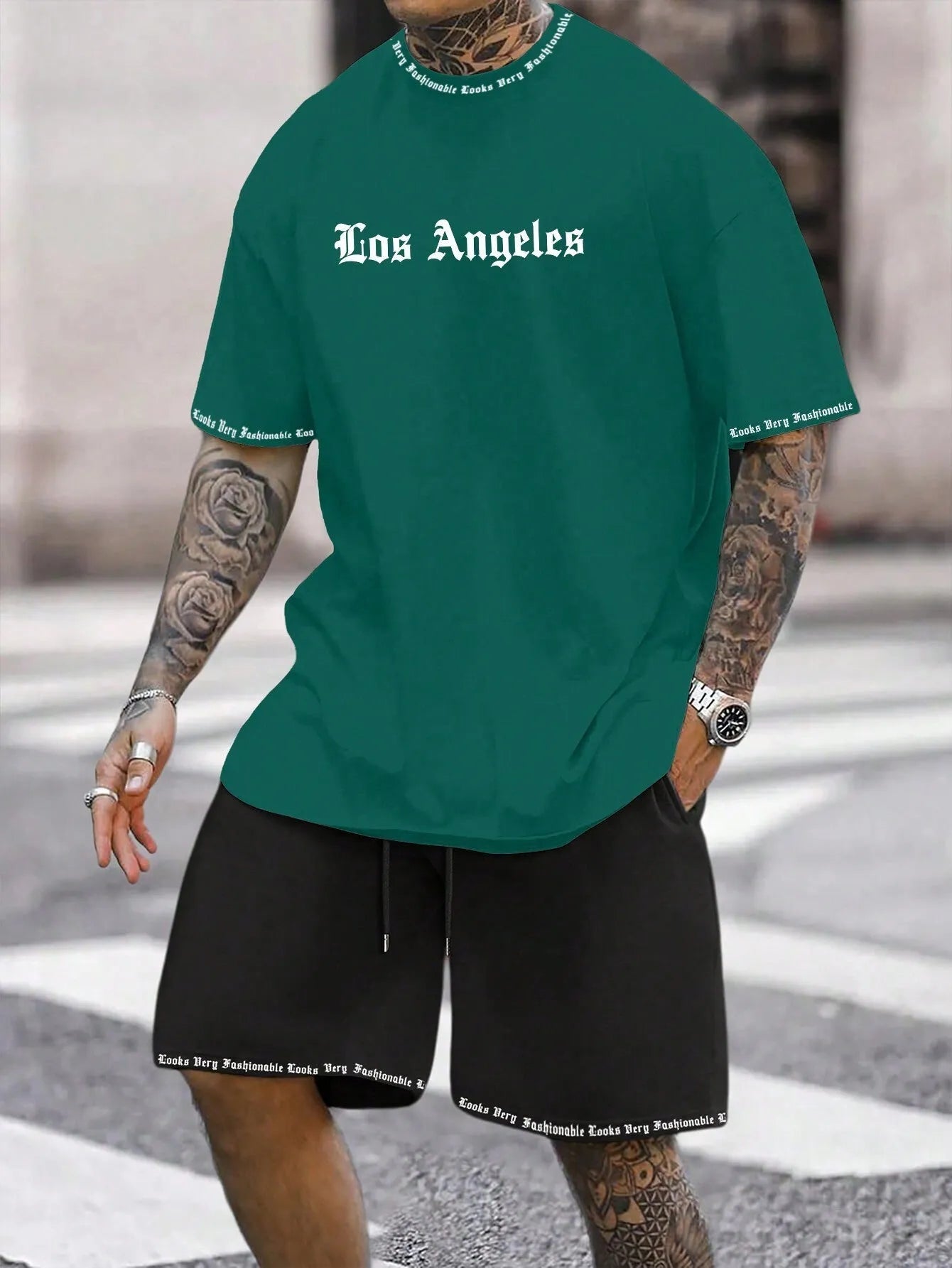 Sports style short sleeve top and shorts set in thin quick-drying fabric, shown in a printed pattern.