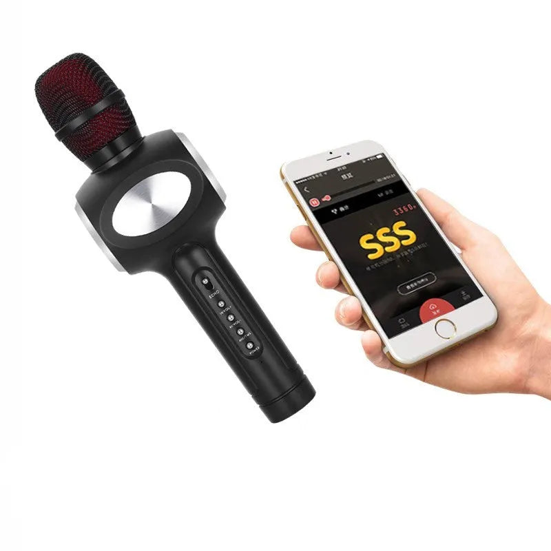 Yaerjia E108 mobile karaoke microphone in black, gold, or pink with built-in speaker