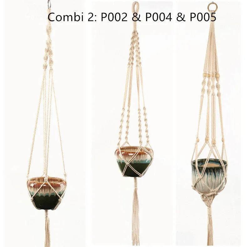 Cotton rope woven wire plant basket shown in desktop, wall hanging, and hanging basin styles.