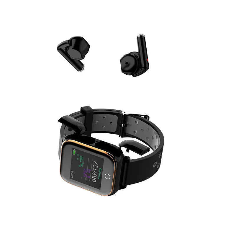 Black smartwatch with integrated Bluetooth earbuds charging in wristband cabinet