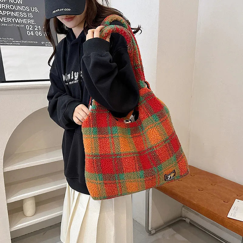 Army green plaid plush women's crossbody tote bag showing large capacity and zip interior.