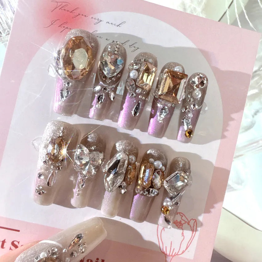 Flash style false nail patches with luxury rhinestones on 10-piece card, with jelly adhesive or tool set options
