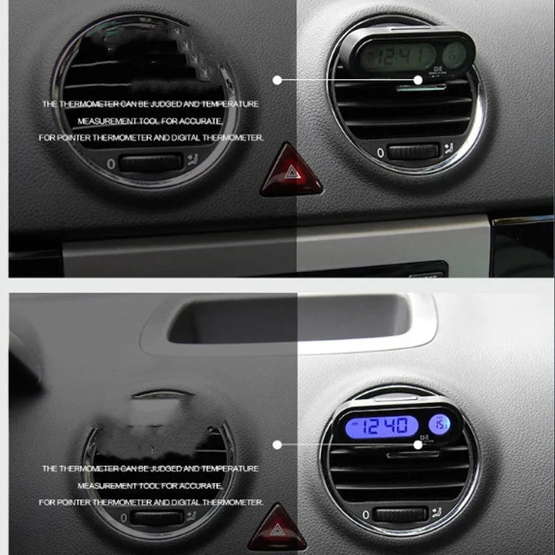 Black car electronic clock thermometer with digital LED display showing time and temperature