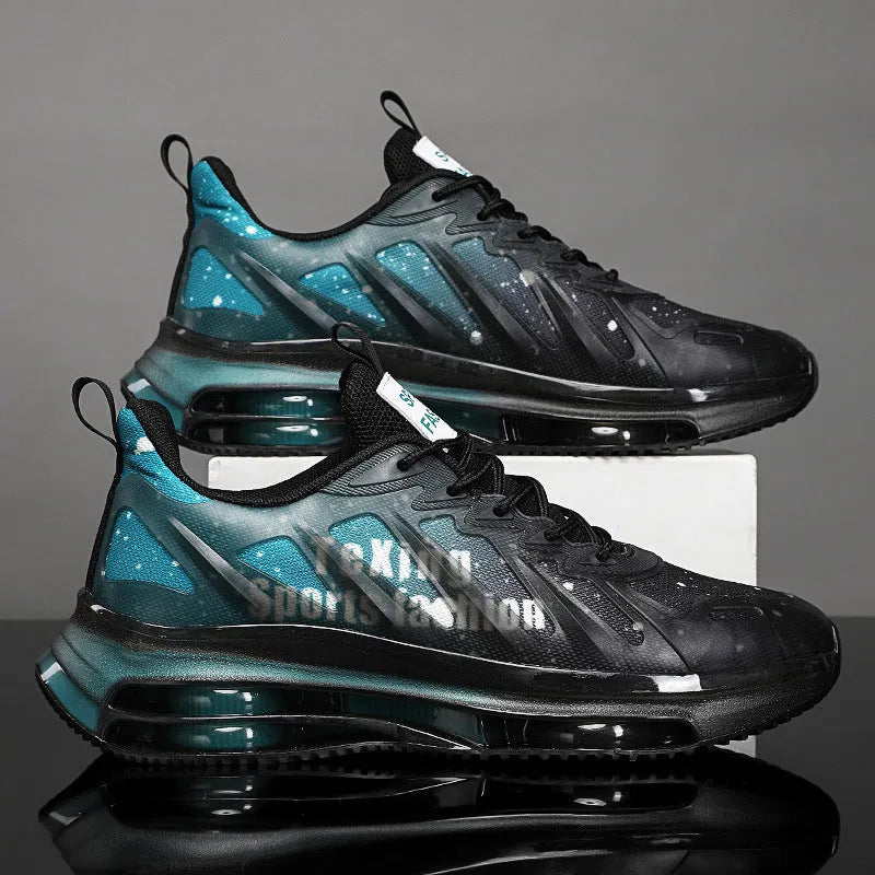 Men's platform casual shoes with mesh upper in black green colour with rubber sole and lace-up closure