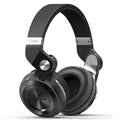 Black wireless Bluetooth headset with over-ear design on a white background.