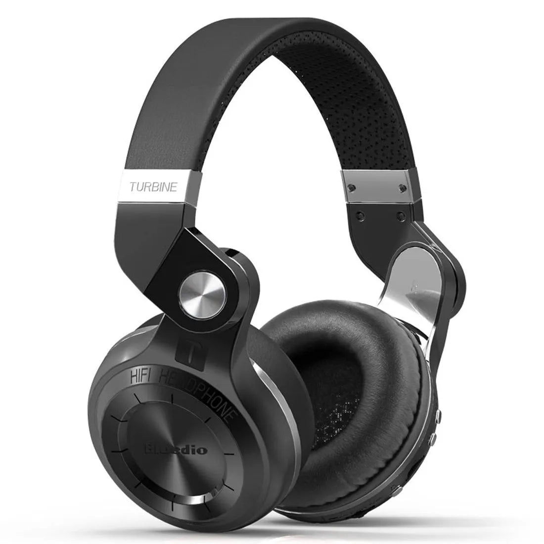 Black wireless Bluetooth headset with over-ear design on a white background.