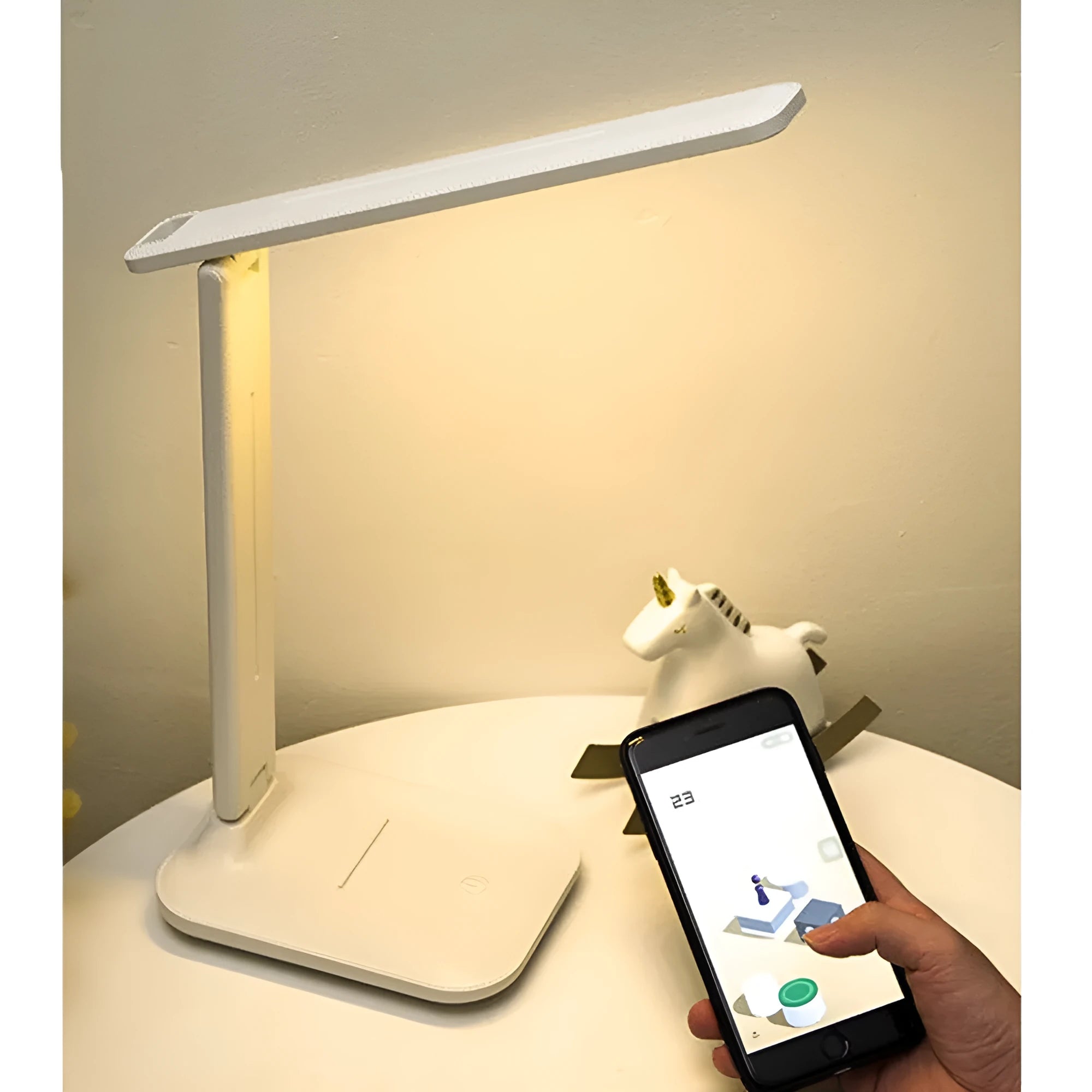 White plastic bedside lamp with touch dimming and colour-changing LED light for children's rooms