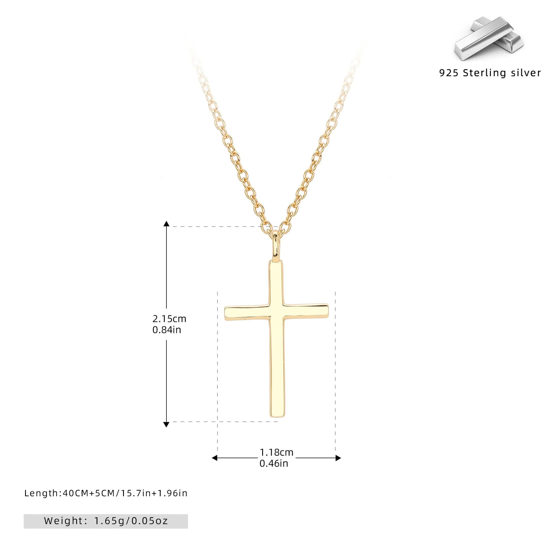 Sterling silver cross necklace with O-chain in gold, platinum or rose gold plating options