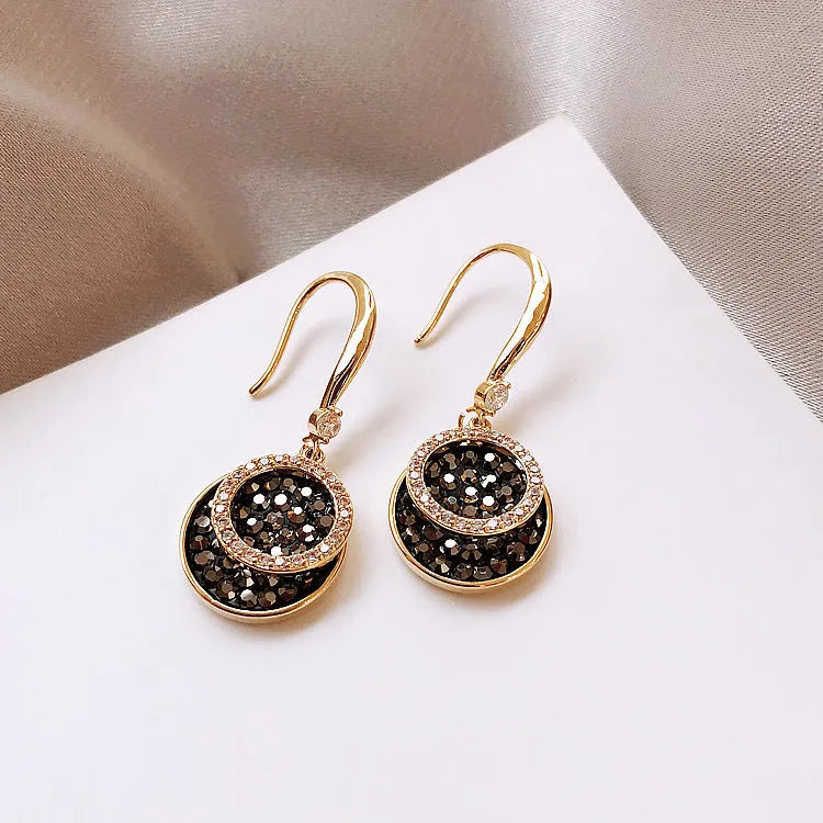 Black geometric round alloy drop earrings with 3.6cm length in retro Hong Kong style
