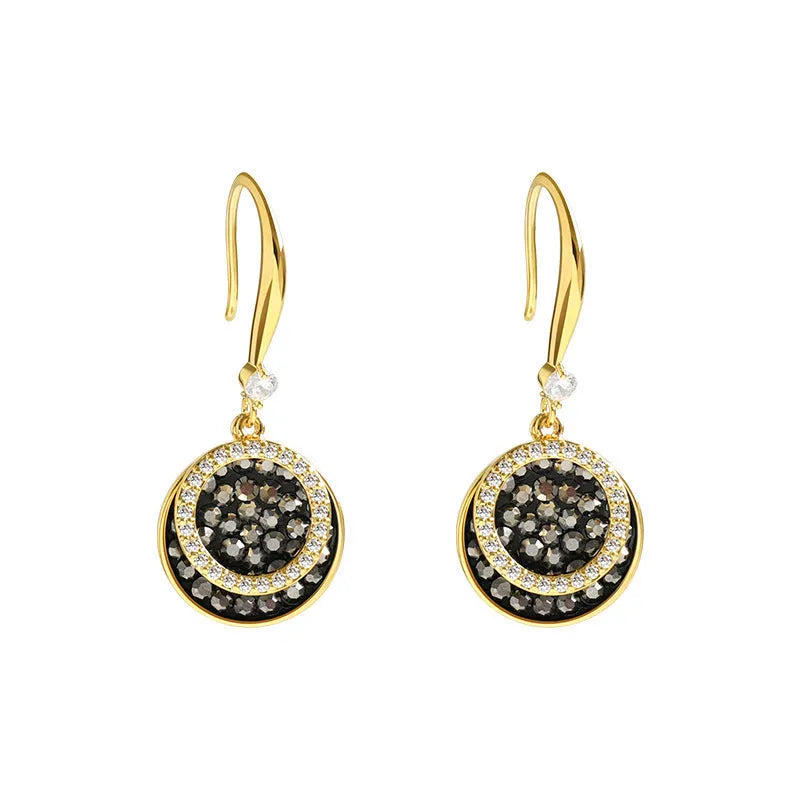 Black geometric round alloy drop earrings with 3.6cm length in retro Hong Kong style