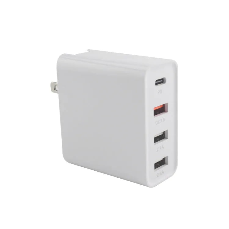 Black and white 48W USB-C PD charger with four ports and AU, EU, UK, US plug adapters