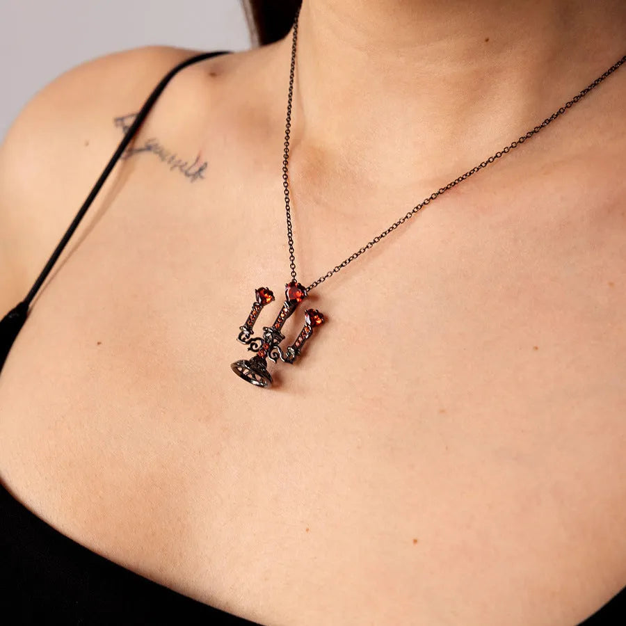 Women's retro gothic hollow candlestick pendant necklace with zinc alloy cross chain