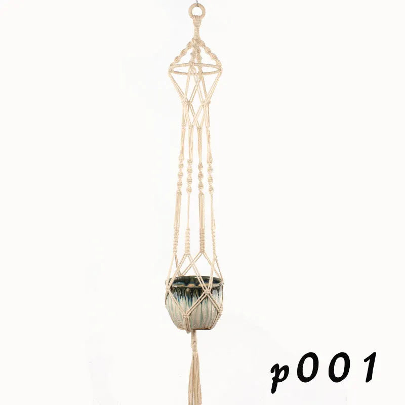 Cotton rope woven wire plant basket shown in desktop, wall hanging, and hanging basin styles.