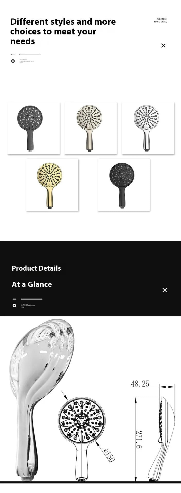 Six-function handheld shower head with 6-inch face and electroplated finish