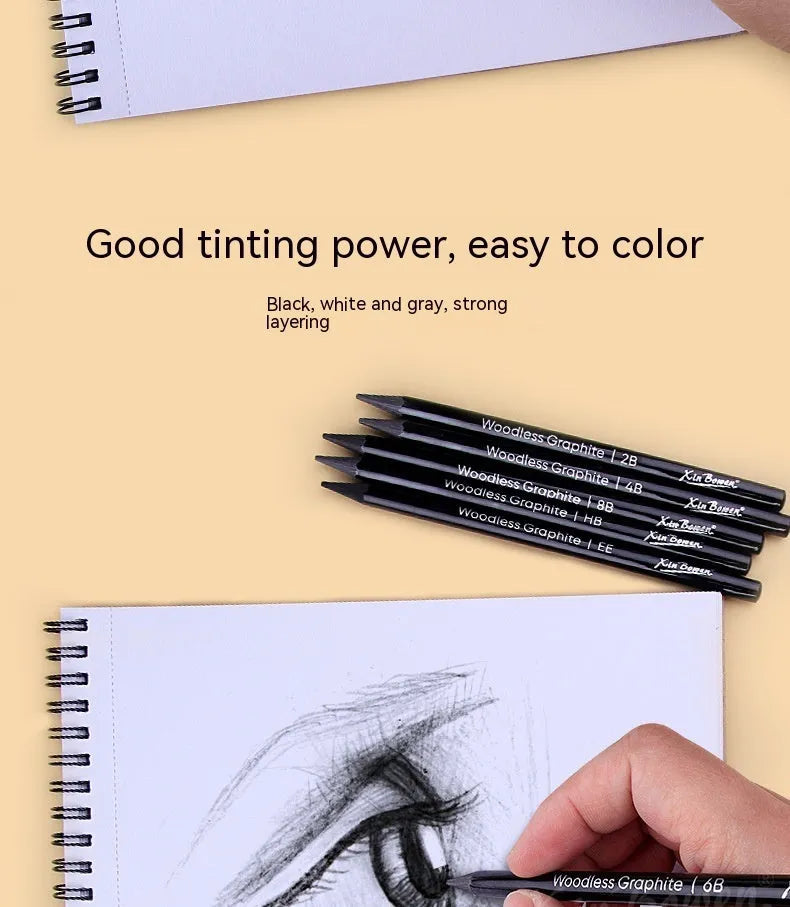 Set of six wood-free graphite sketching pencils showing HB, 2B, 4B, 6B, 8B and EE grades