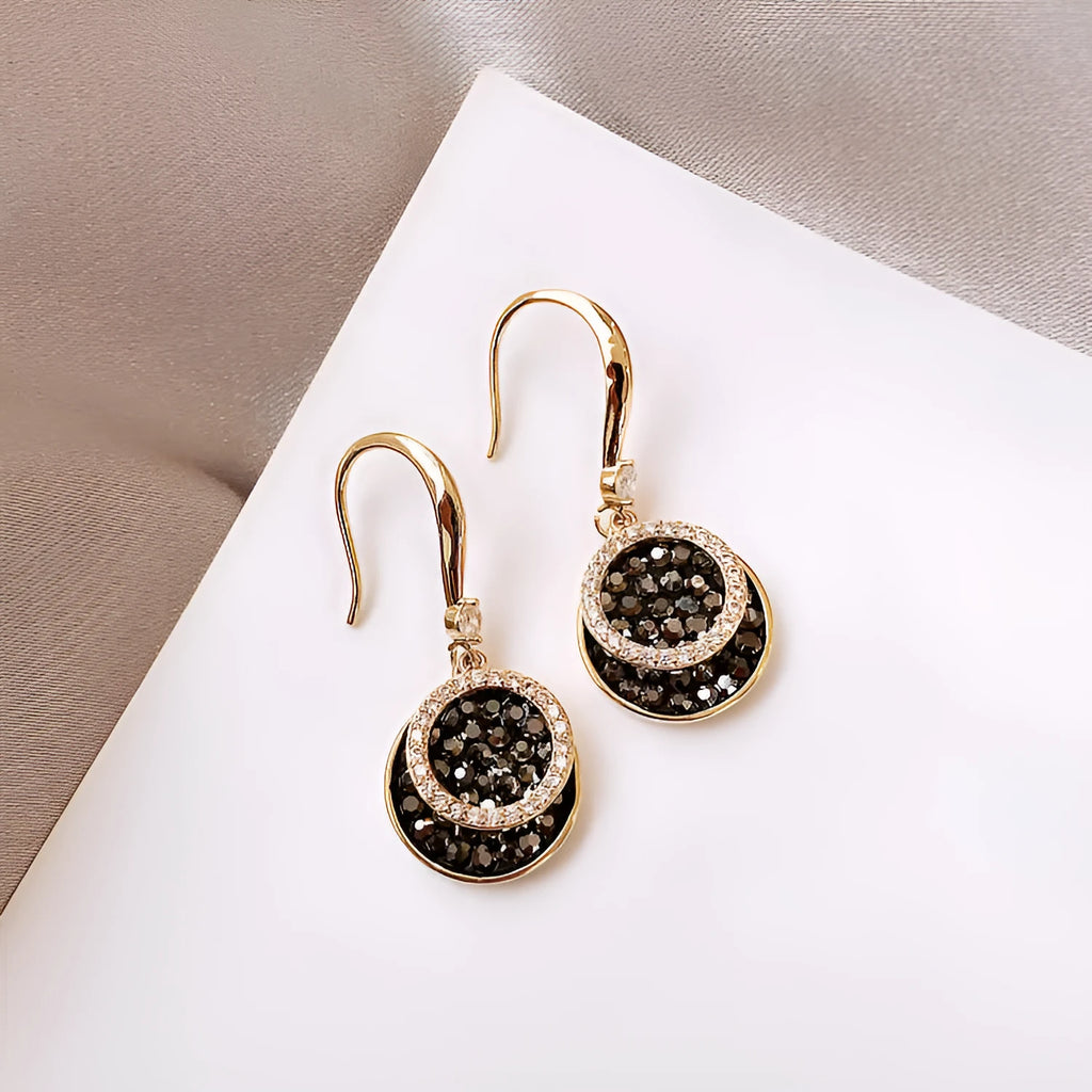 Black geometric round alloy drop earrings with 3.6cm length in retro Hong Kong style
