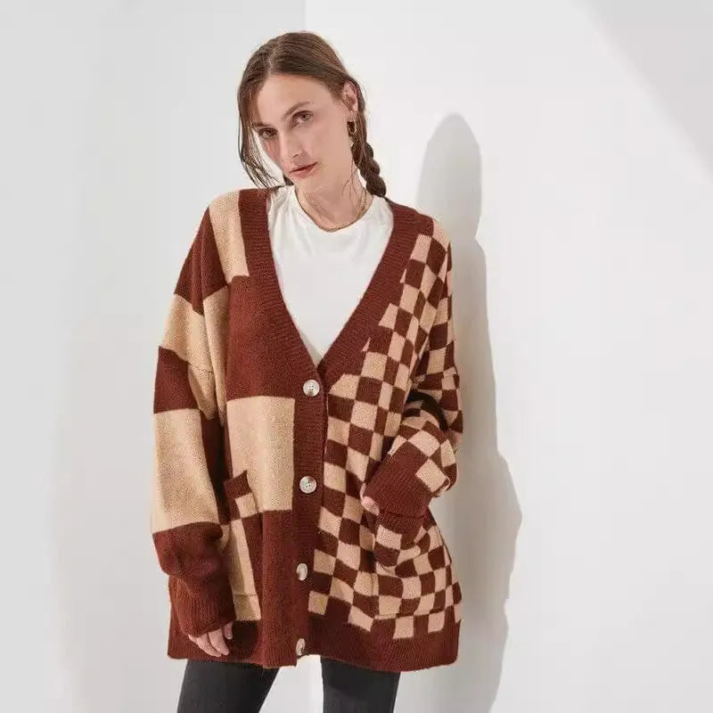 Loose fit printed checks knitwear cardigan in wine red colour with regular sleeves