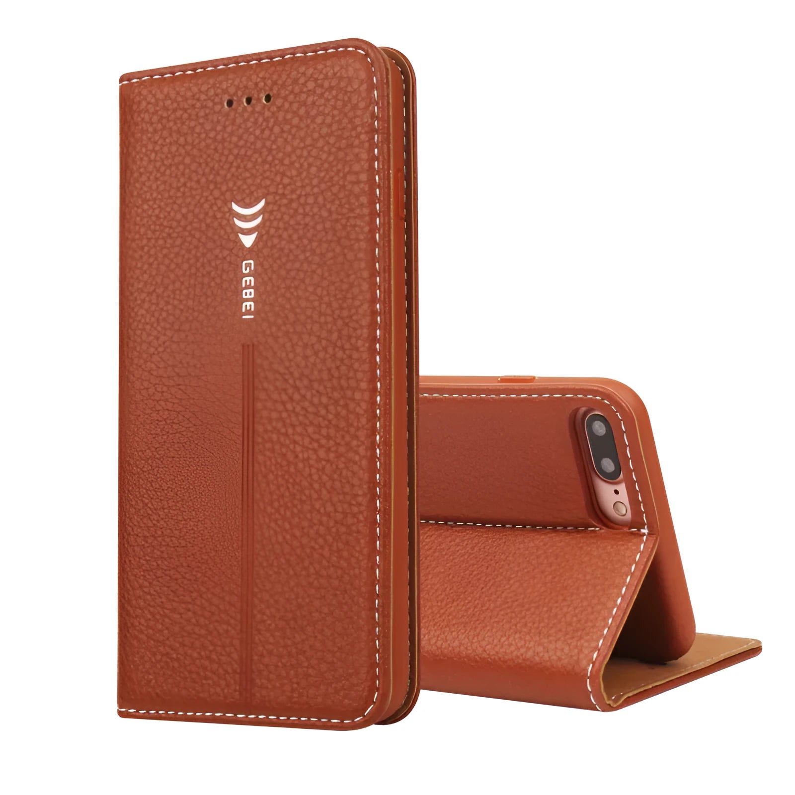 Black PU leather wallet-style case open to show card slots, next to an iPhone.