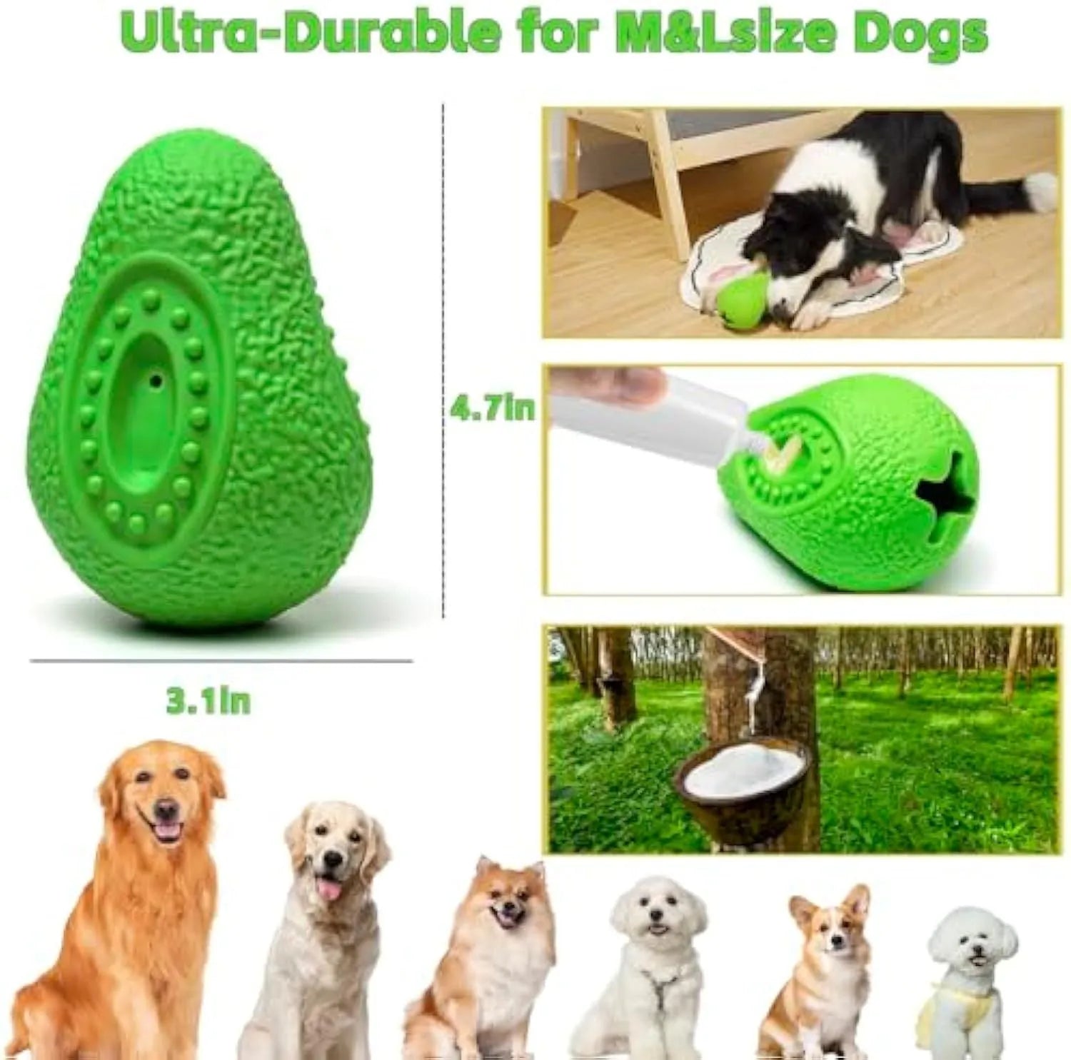 Green avocado-shaped natural rubber indestructible dog chew toy for aggressive chewers.