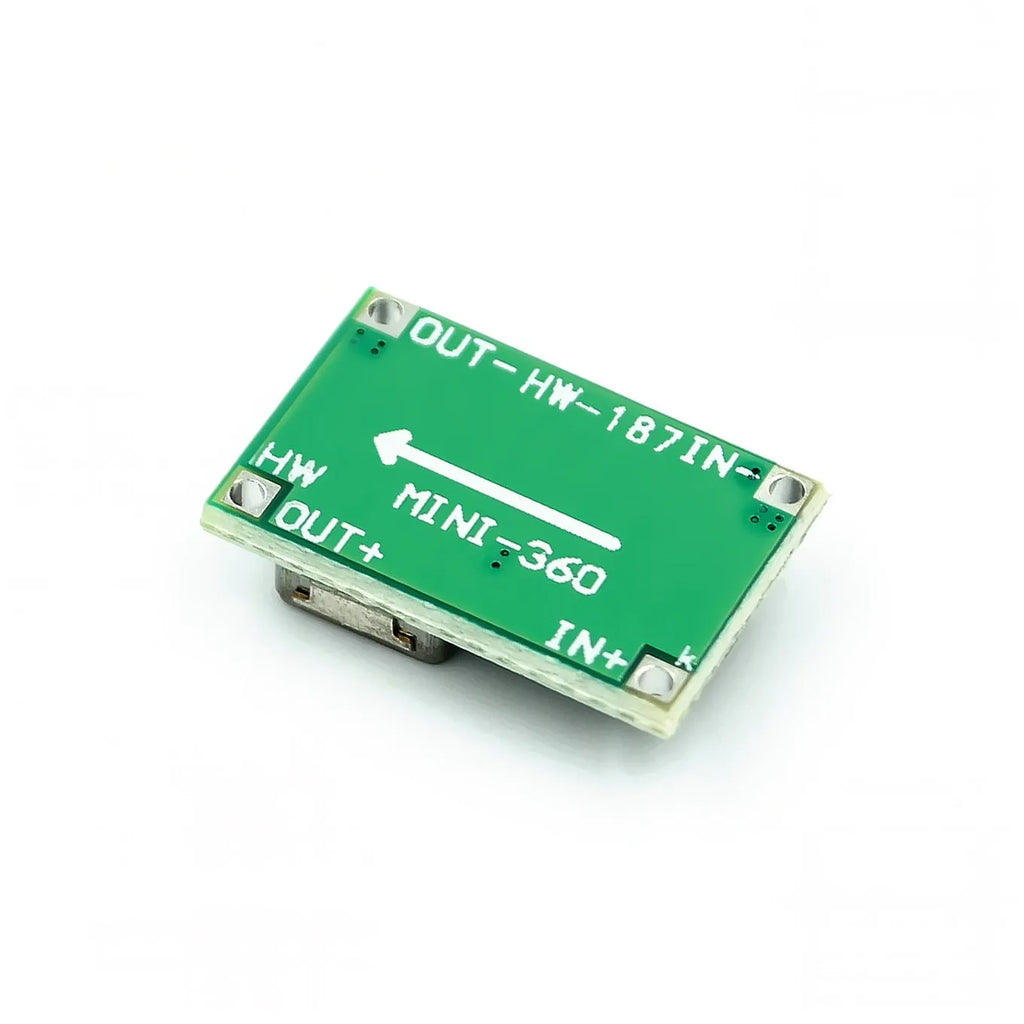 Mini 360 green DC-DC buck converter module measuring 17x11mm with synchronous rectification