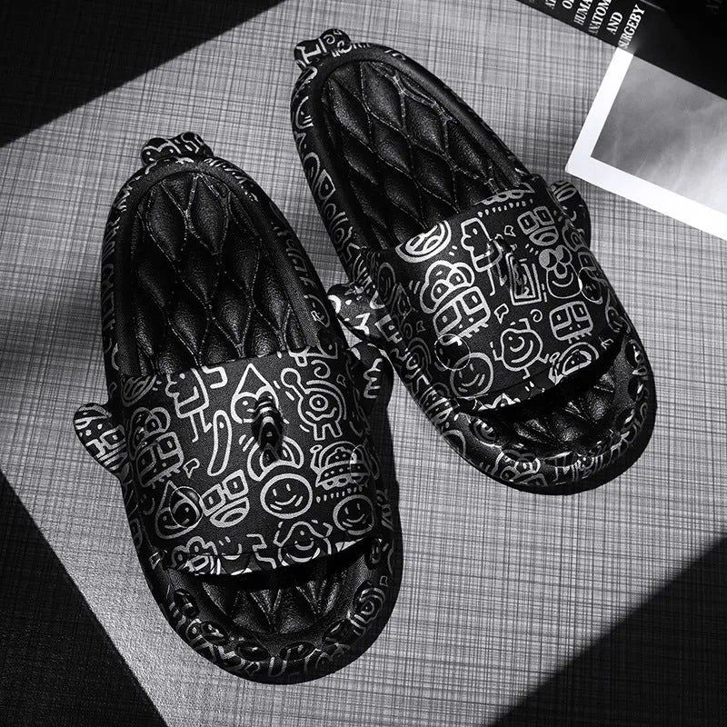 EVA open-toe shark-themed couple slippers in assorted colours on a white background.