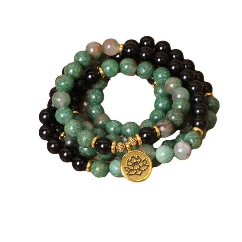 Green and black elastic beaded long bracelet made from alloy in natural style