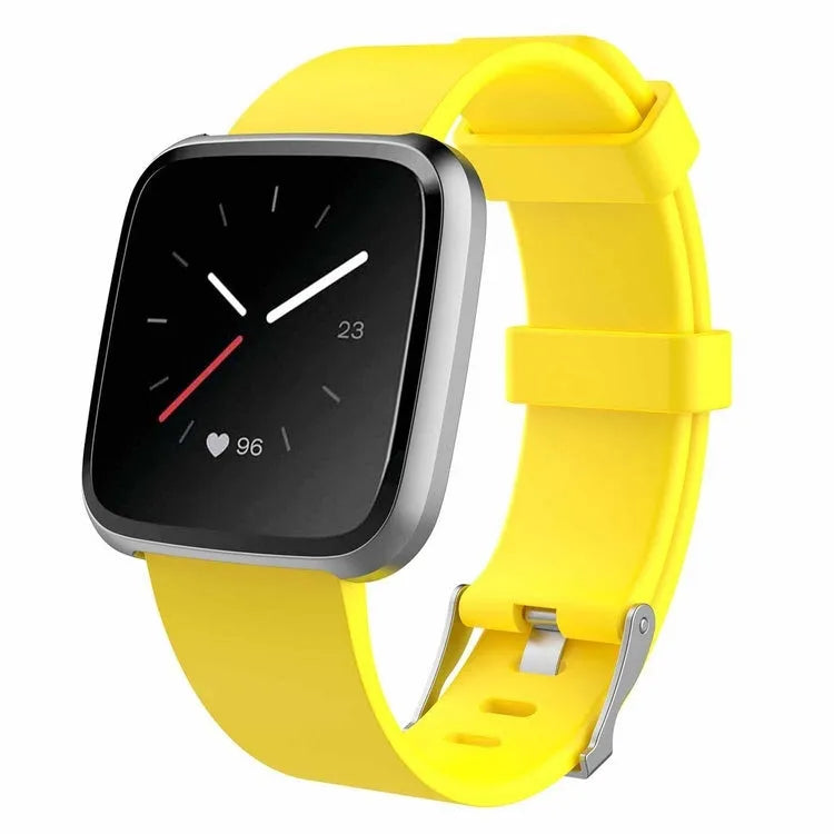 Fitbit Versa Lite replacement wrist strap showing colour options including black, blue, purple, red, and yellow