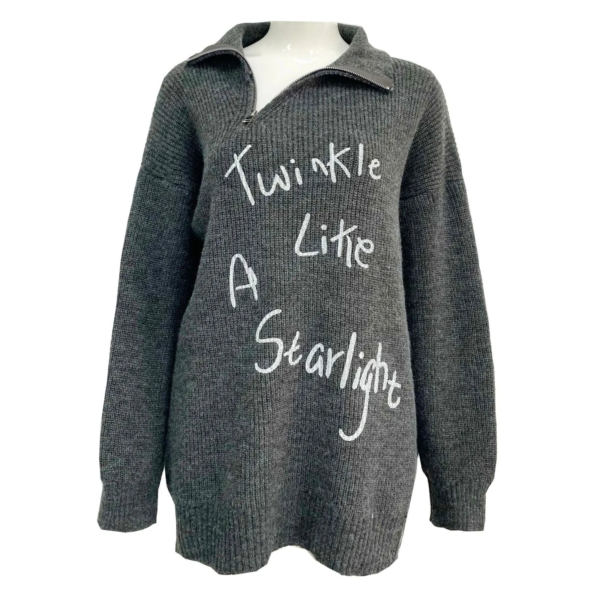 Women's retro alpaca wool pullover sweater with oblique zipper and text pattern in light khaki