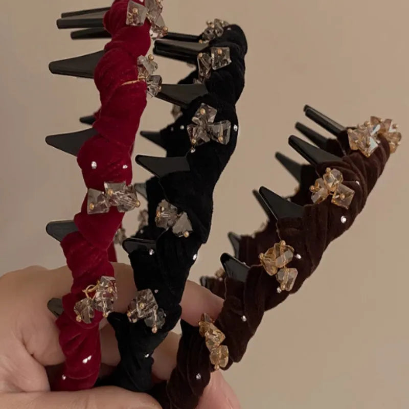 French velvet hairband with crystal embellishments in red, black and coffee colours