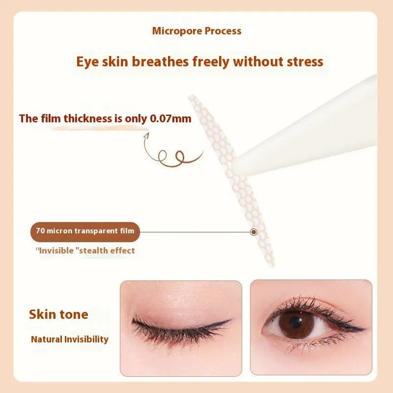 Roll of 120 clear lace double eyelid stickers in crescent and olive M shapes on skin.