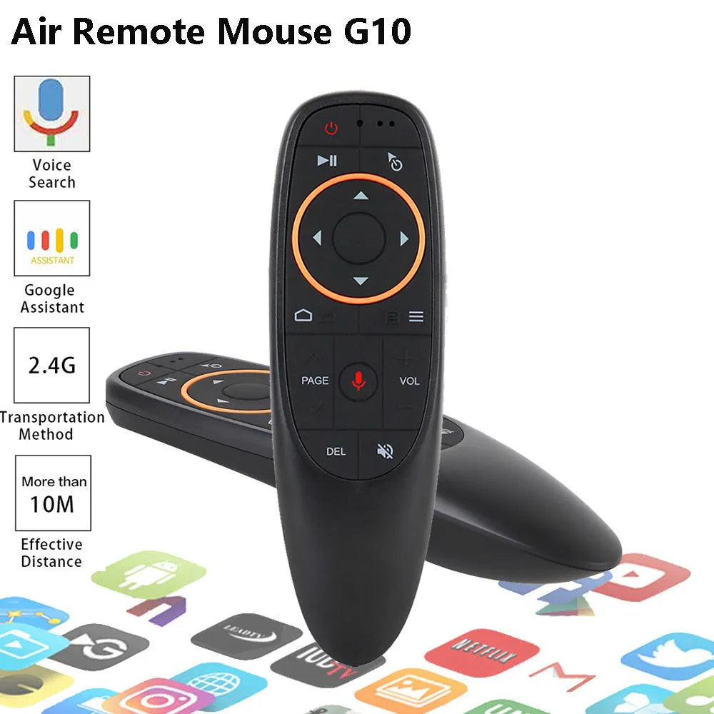 G10 series intelligent voice remote control with plastic shell and silicone buttons.