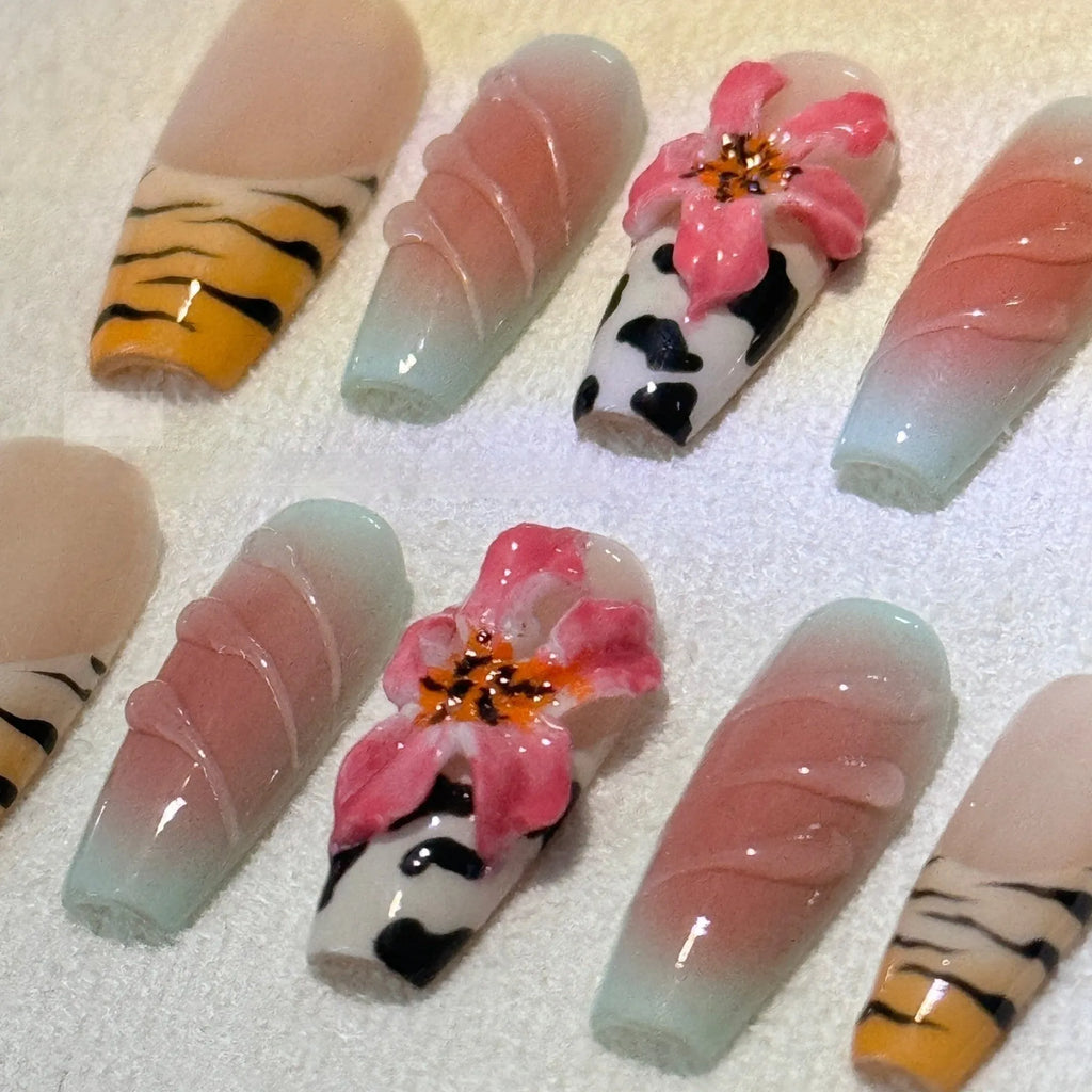 Zebra pattern lily hand carving nail art set with embossed flowers and leopard print in four sizes