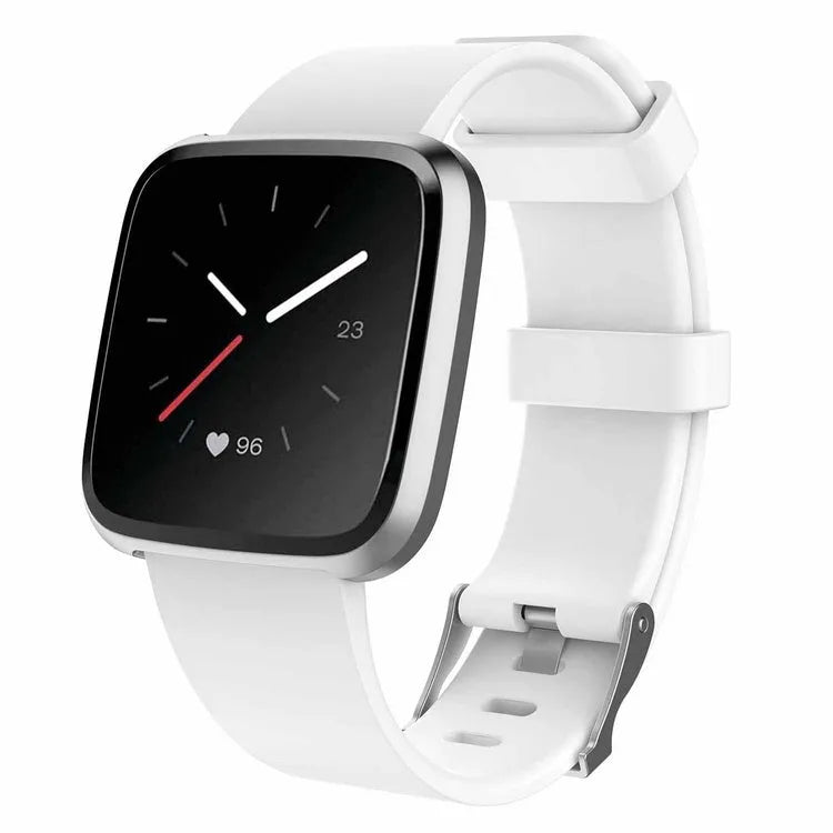 Fitbit Versa Lite replacement wrist strap showing colour options including black, blue, purple, red, and yellow