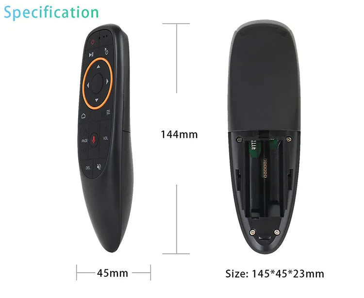G10 series intelligent voice remote control with plastic shell and silicone buttons.