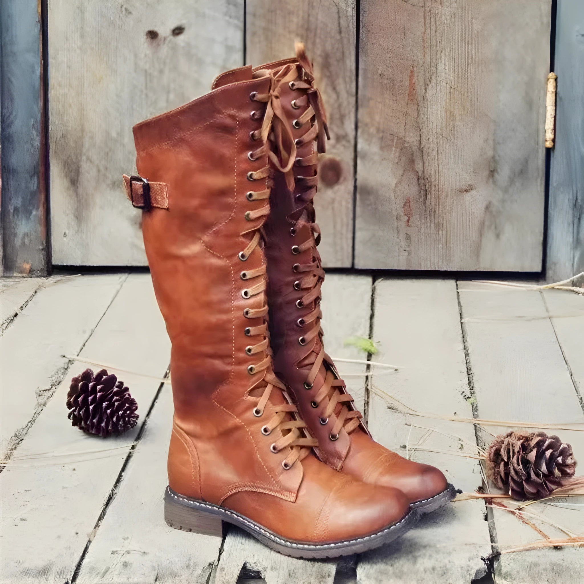 Women's black chunky heel high-leg ankle boots with a round toe on a plain background.