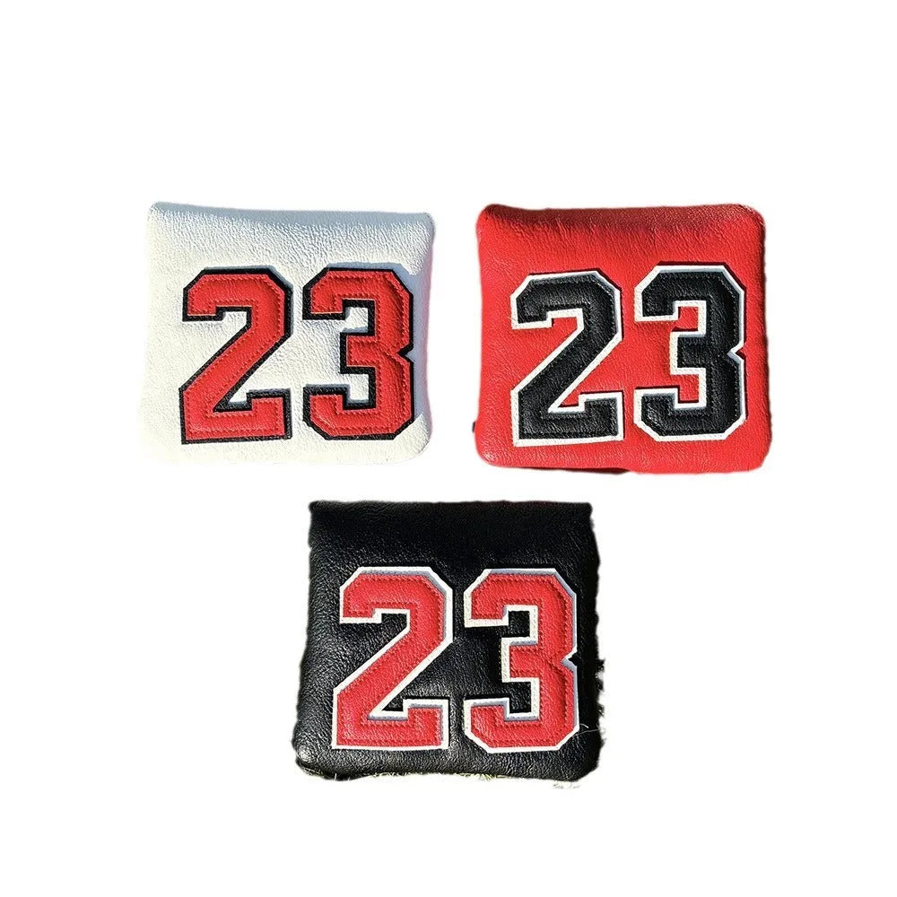 Red square putter iron head golf club sleeve covering a wooden pole set